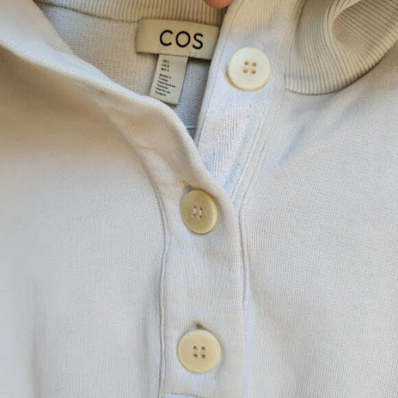 COS Beige Drawstring Hem Cropped Button Up Foldover Funnel Neck Sweater L - Picture 4 of 12